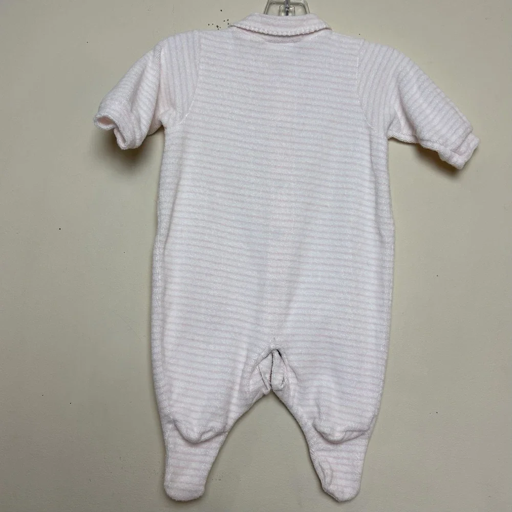 VTG Carter's Bear 90s Pink Striped Terry Sleeper Baby One Piece Size 0-3 Months